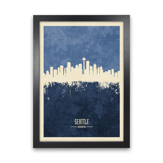 Seattle Washington Skyline Portrait Navy Art Print by Michael Tompsett Black Grain