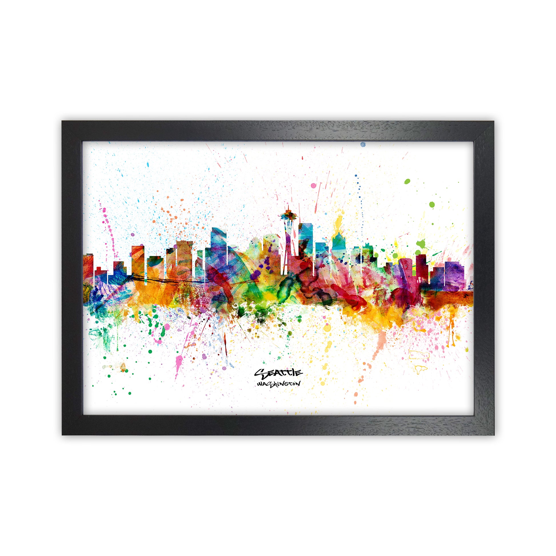 Seattle Washington Skyline Splash Art Print by Michael Tompsett Black Grain