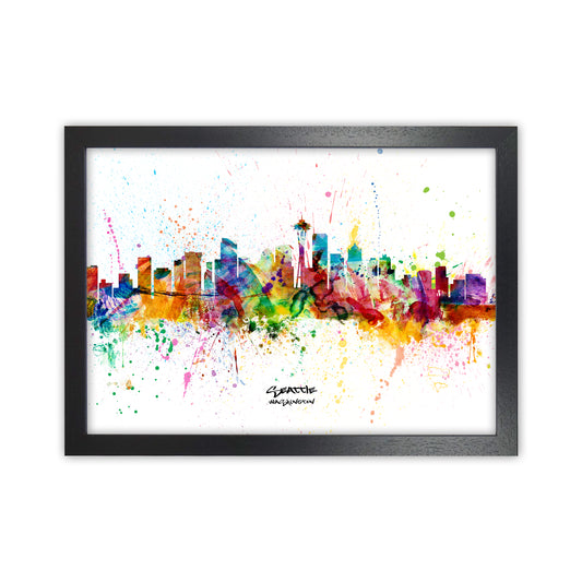 Seattle Washington Skyline Splash Art Print by Michael Tompsett Black Grain
