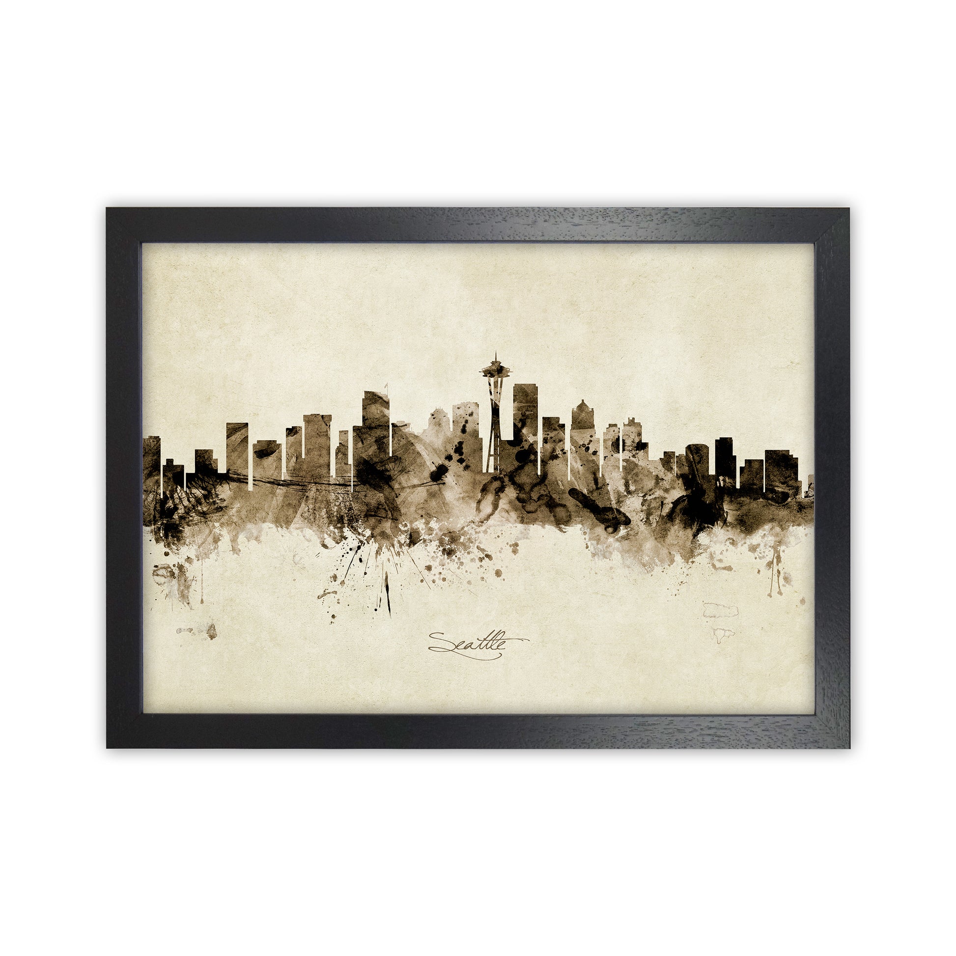 Seattle Washington Skyline Vintage Art Print by Michael Tompsett Black Grain