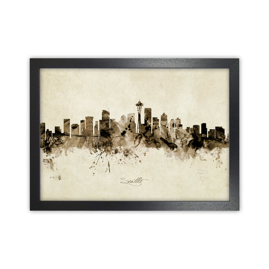 Seattle Washington Skyline Vintage Art Print by Michael Tompsett Black Grain