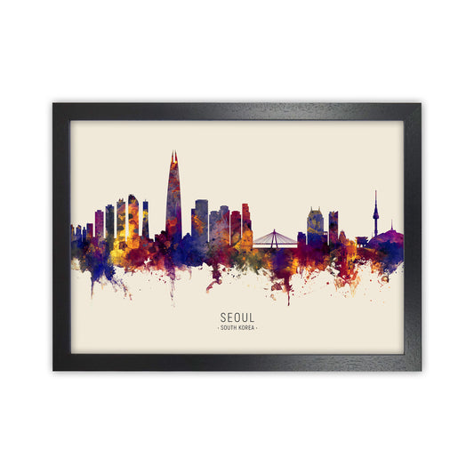 Seoul South Korea Skyline Autumn City Name Art Print by Michael Tompsett Black Grain