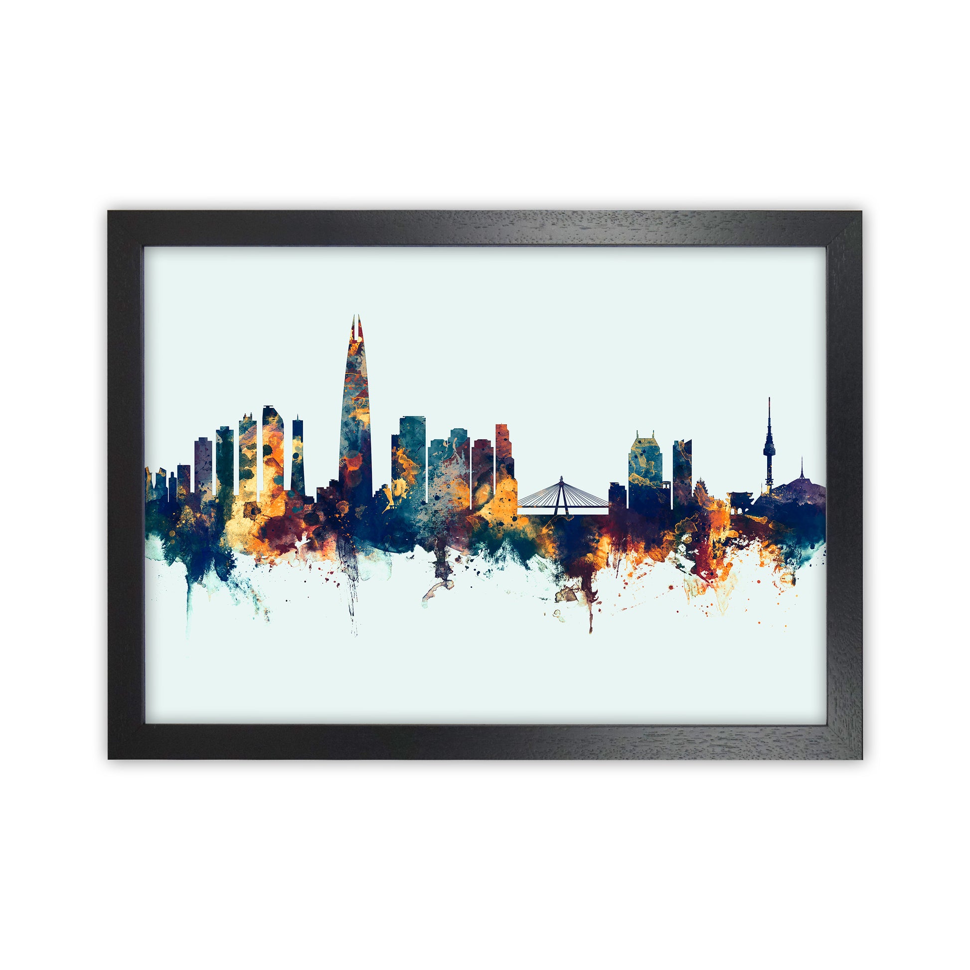 Seoul South Korea Skyline Blue Orange Art Print by Michael Tompsett Black Grain