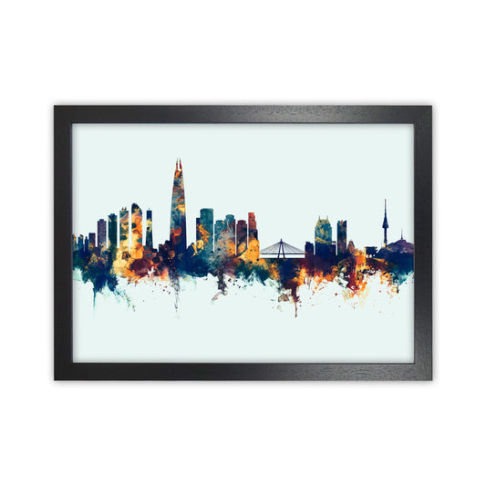 Seoul South Korea Skyline Blue Orange Art Print by Michael Tompsett Black Grain
