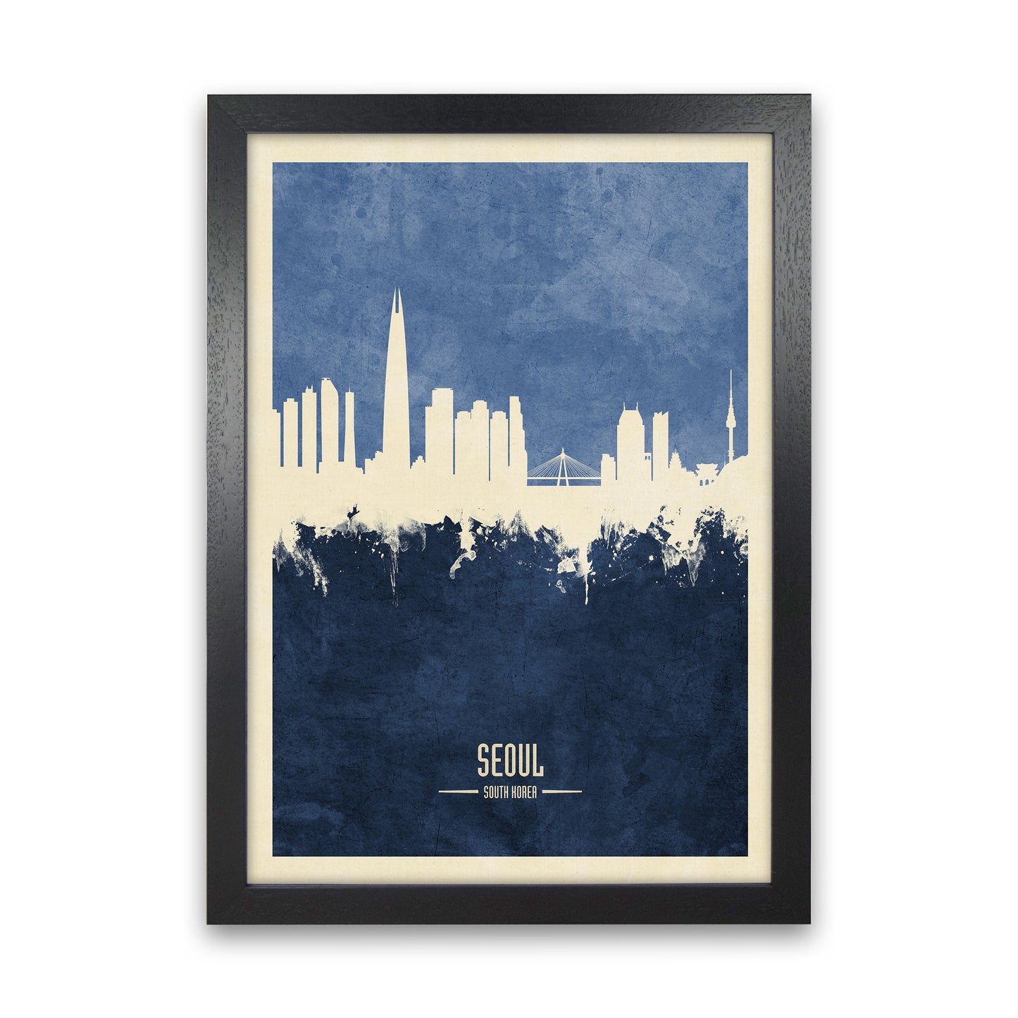 Seoul South Korea Skyline Portrait Navy Art Print by Michael Tompsett Black Grain