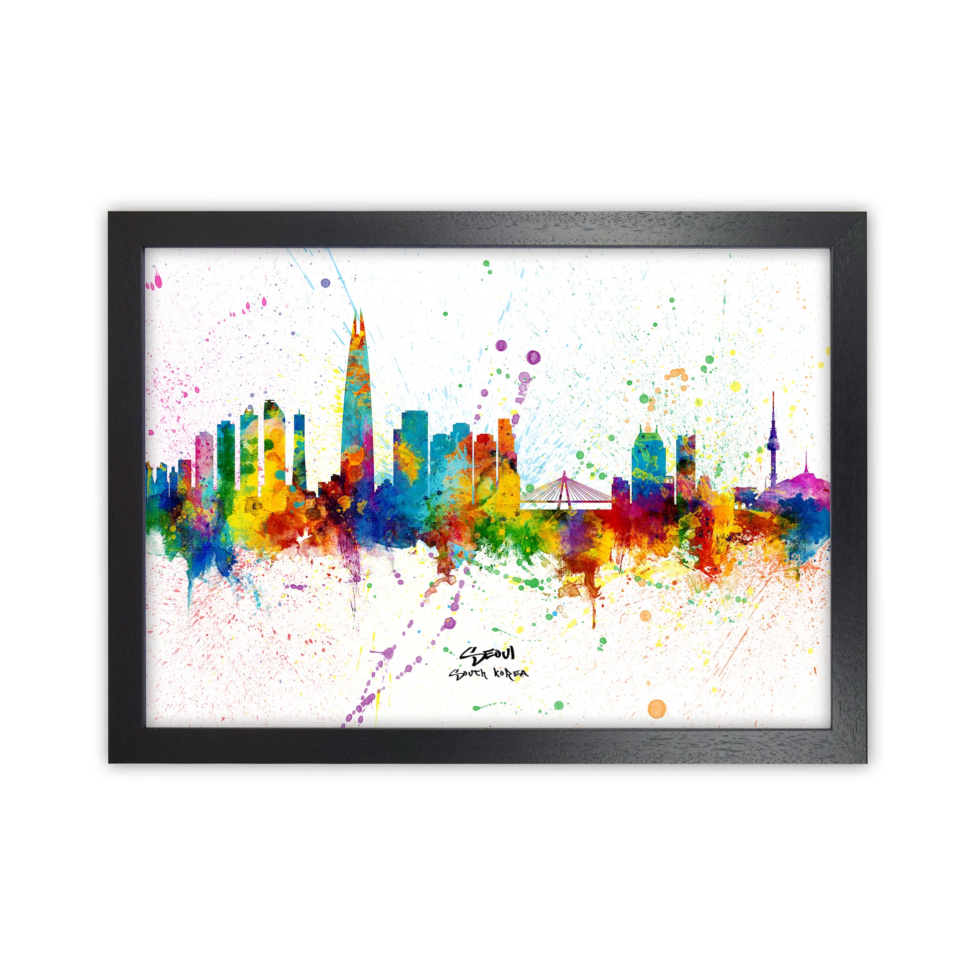 Seoul South Korea Skyline Splash Art Print by Michael Tompsett Black Grain