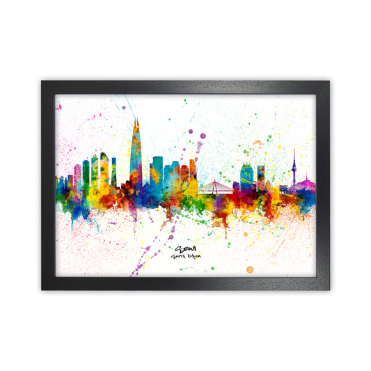 Seoul South Korea Skyline Splash Art Print by Michael Tompsett Black Grain