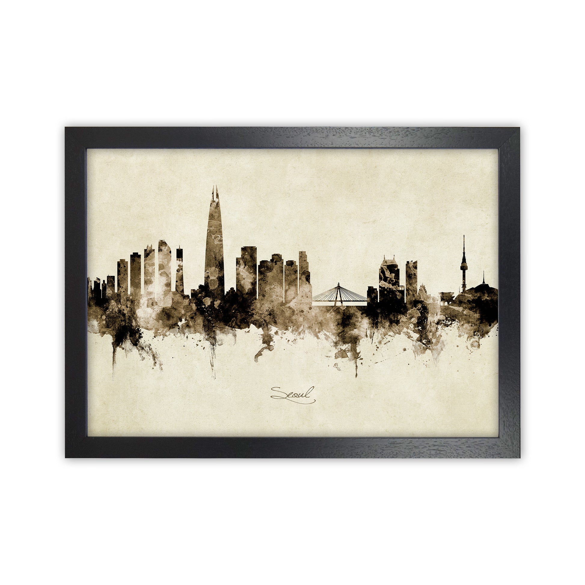 Seoul South Korea Skyline Vintage Art Print by Michael Tompsett Black Grain