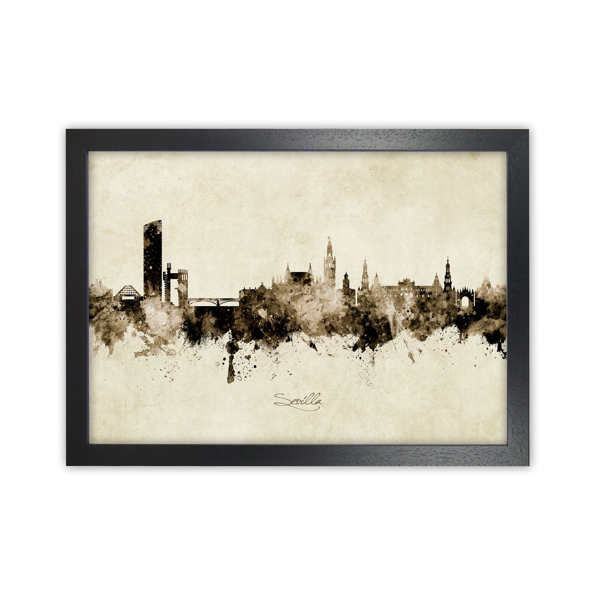Sevilla Spain Skyline Vintage Art Print by Michael Tompsett Black Grain