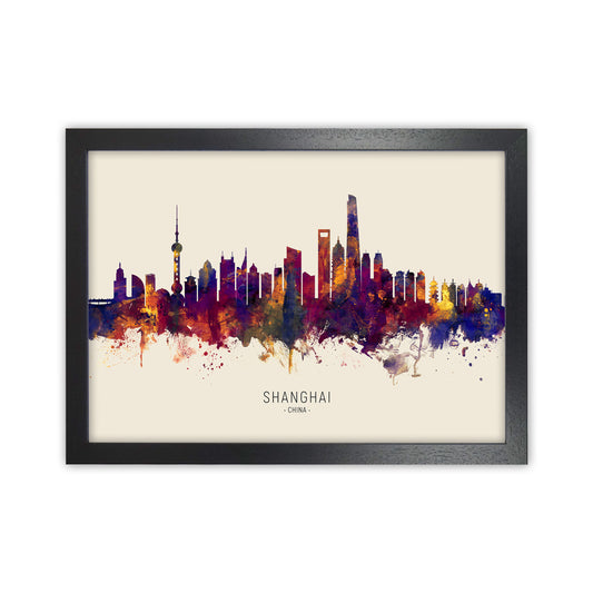 Shanghai China Skyline Autumn City Name Art Print by Michael Tompsett Black Grain