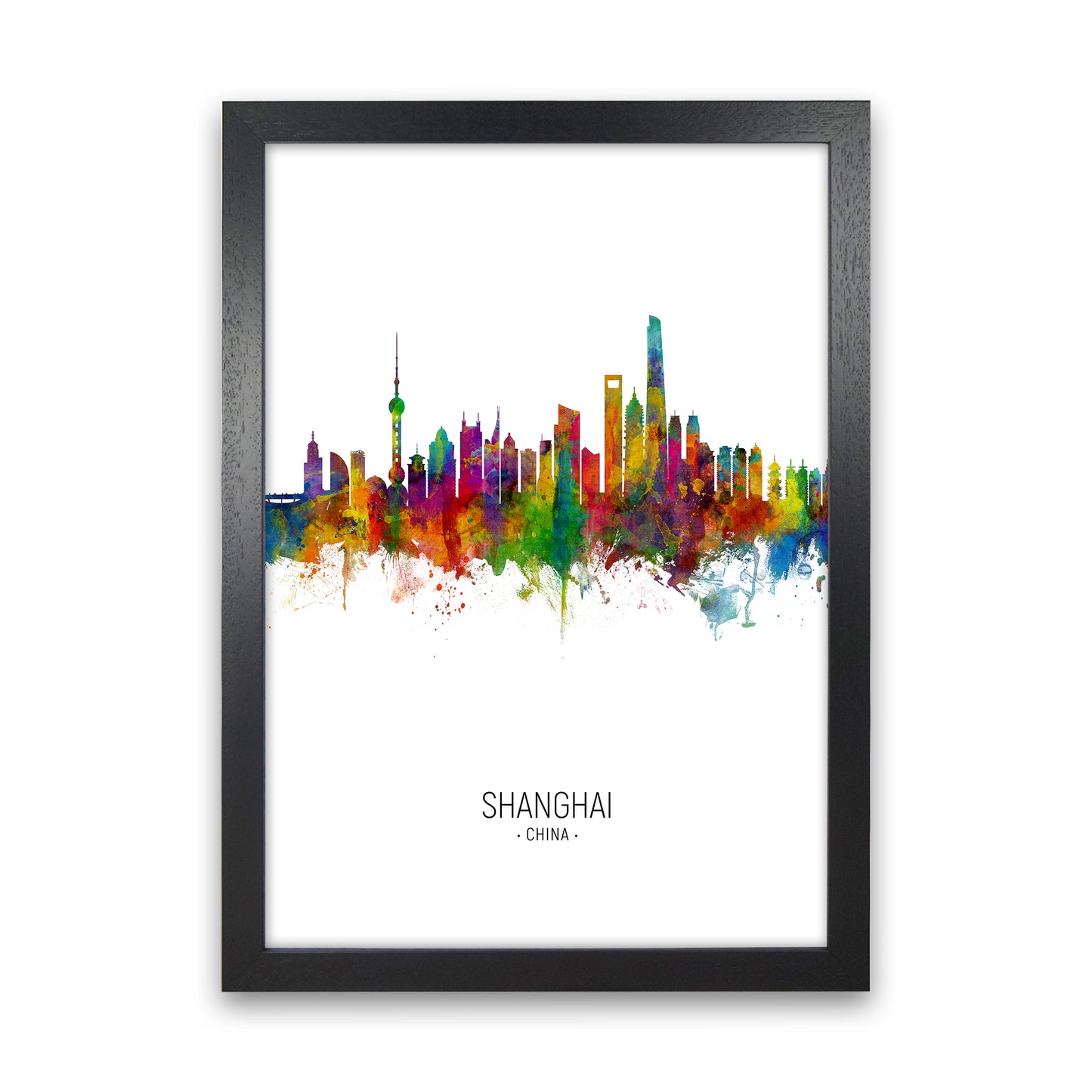 Shanghai China Skyline Portrait Art Print by Michael Tompsett Black Grain