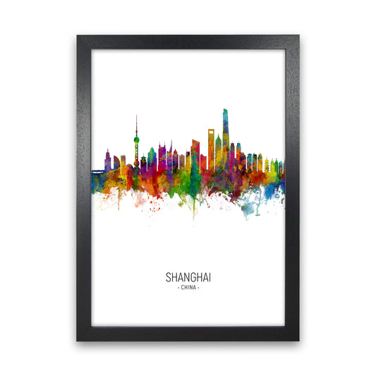 Shanghai China Skyline Portrait Art Print by Michael Tompsett Black Grain