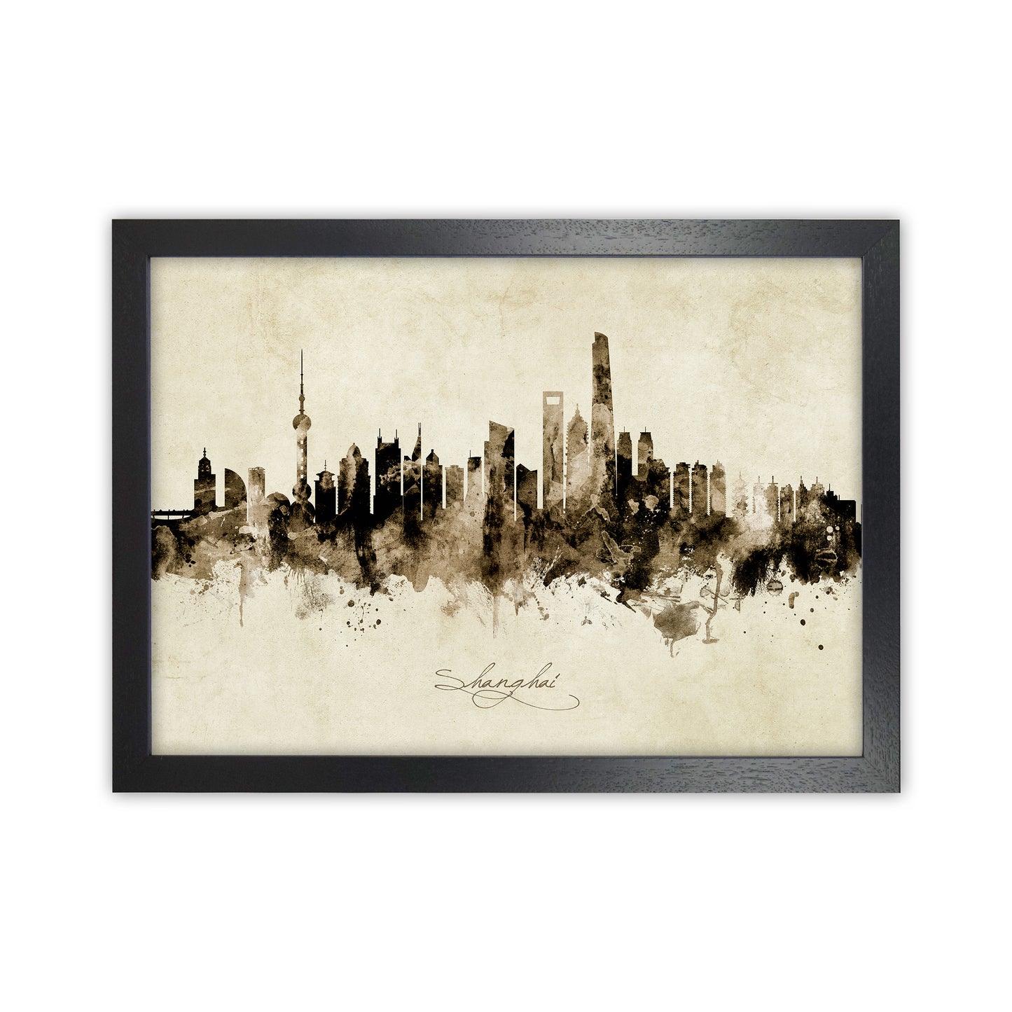 Shanghai China Skyline Vintage Art Print by Michael Tompsett Black Grain
