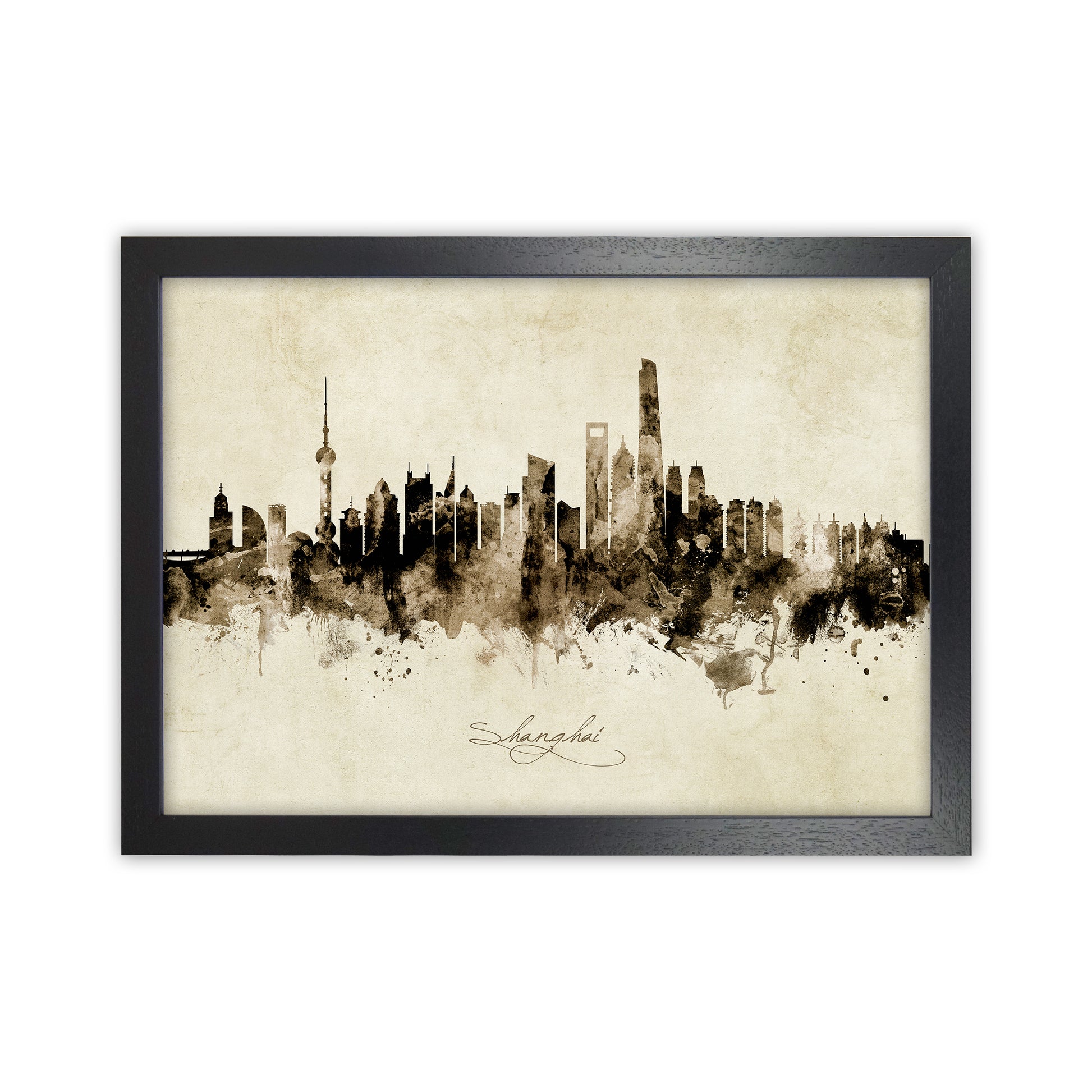 Shanghai China Skyline Vintage Art Print by Michael Tompsett Black Grain