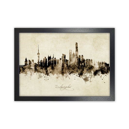 Shanghai China Skyline Vintage Art Print by Michael Tompsett Black Grain