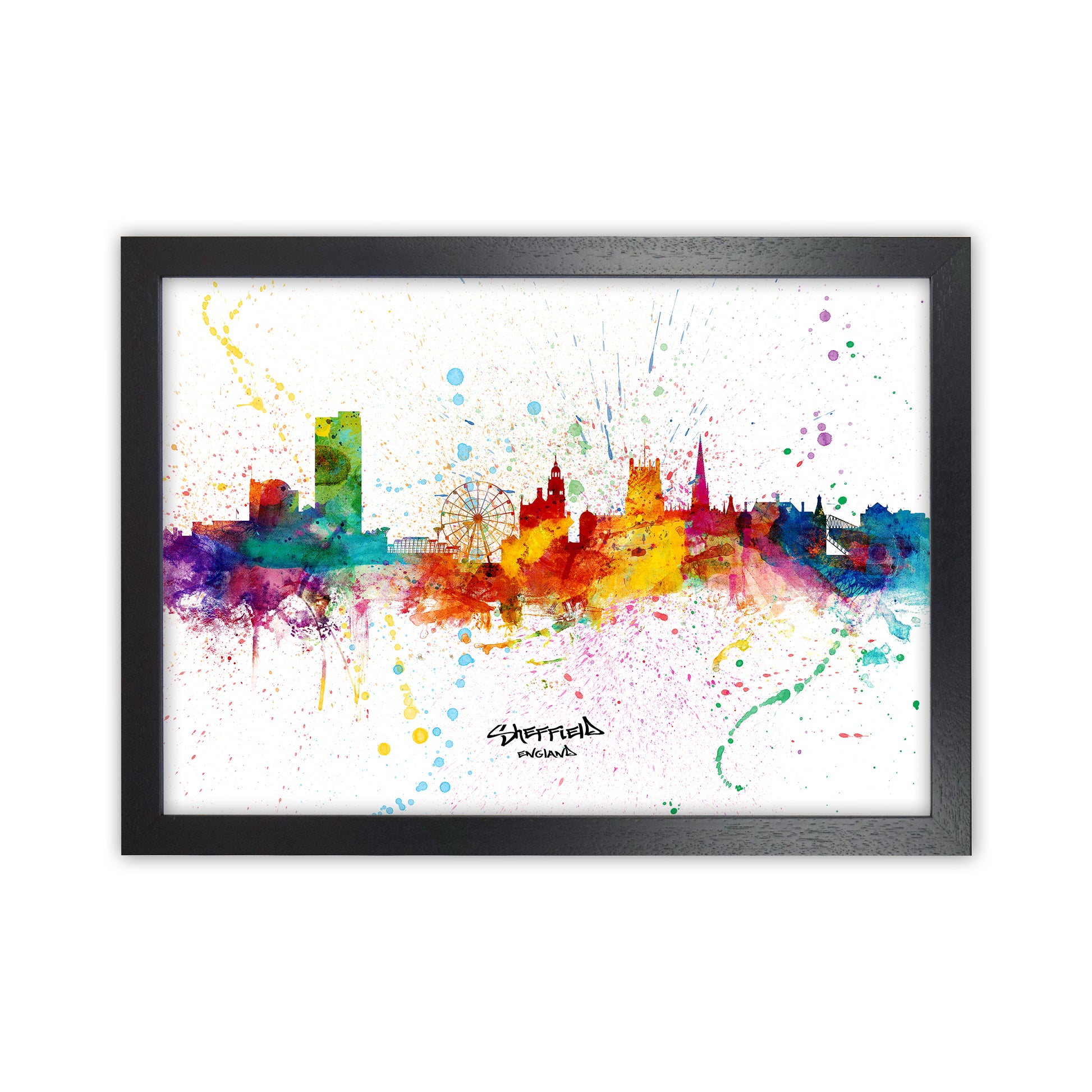 Sheffield England Skyline Splash Art Print by Michael Tompsett Black Grain