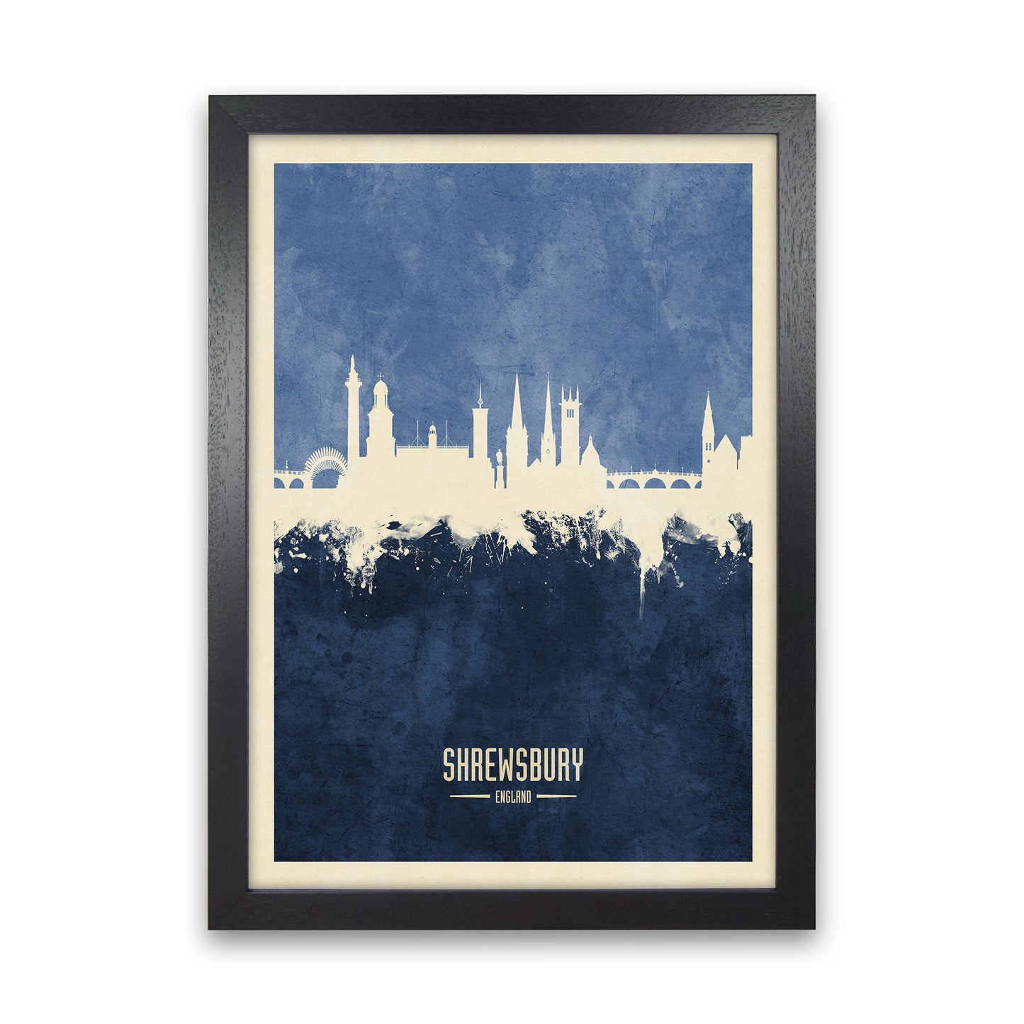 Shrewsbury England Skyline Portrait Navy Art Print by Michael Tompsett Black Grain