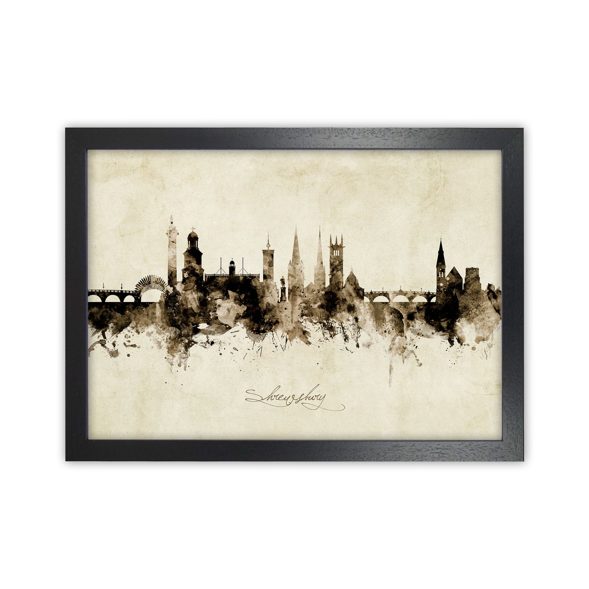 Shrewsbury England Skyline Vintage Art Print by Michael Tompsett Black Grain