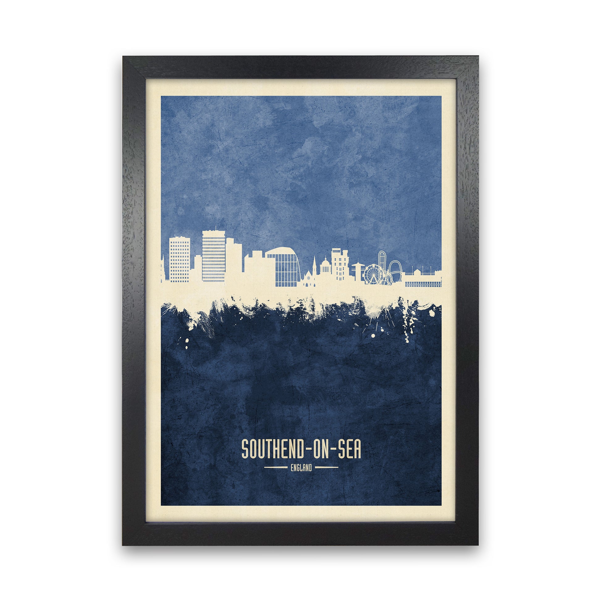 Southend-On-Sea England Skyline Portrait Navy Art Print by Michael Tompsett Black Grain