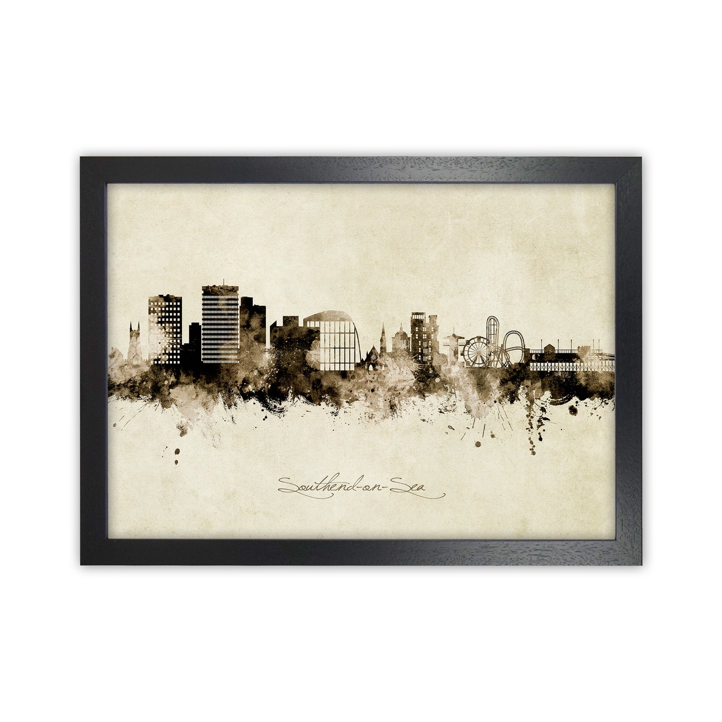 Southend-On-Sea England Skyline Vintage Art Print by Michael Tompsett Black Grain