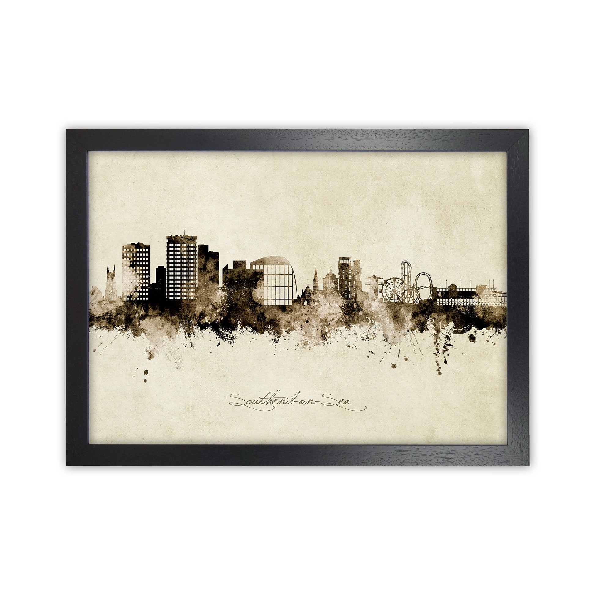Southend-On-Sea England Skyline Vintage Art Print by Michael Tompsett Black Grain