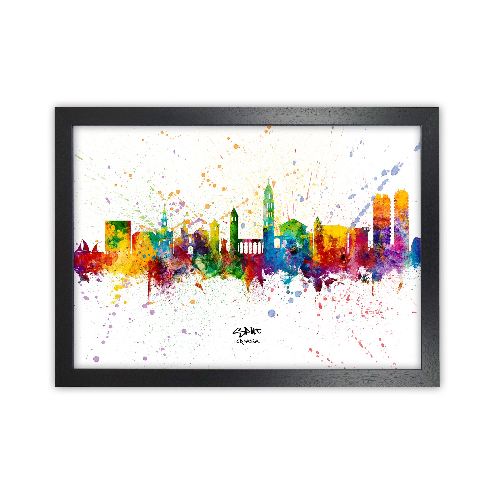Split Croatia Skyline Splash Art Print by Michael Tompsett Black Grain
