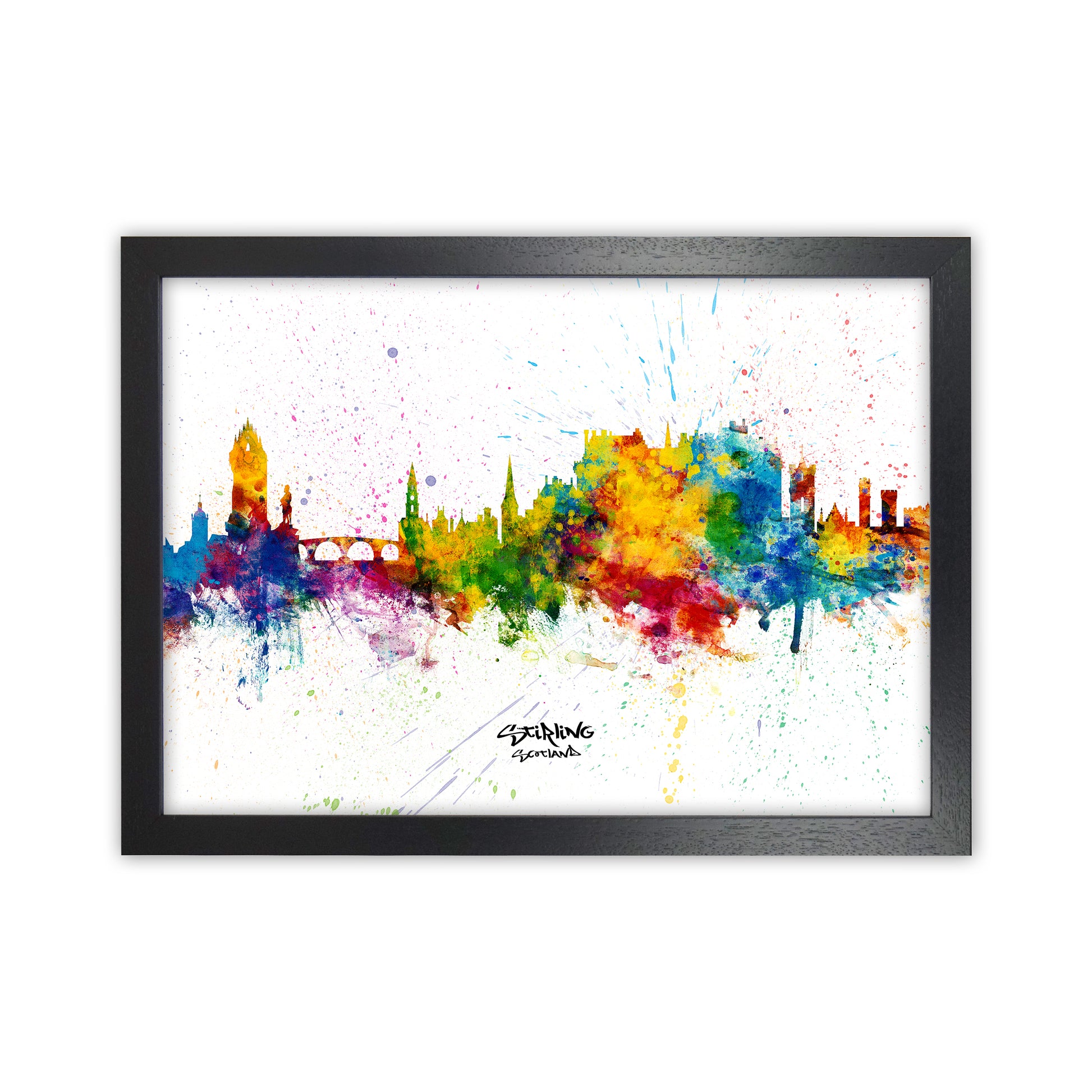 Stirling Scotland Skyline Splash Art Print by Michael Tompsett Black Grain