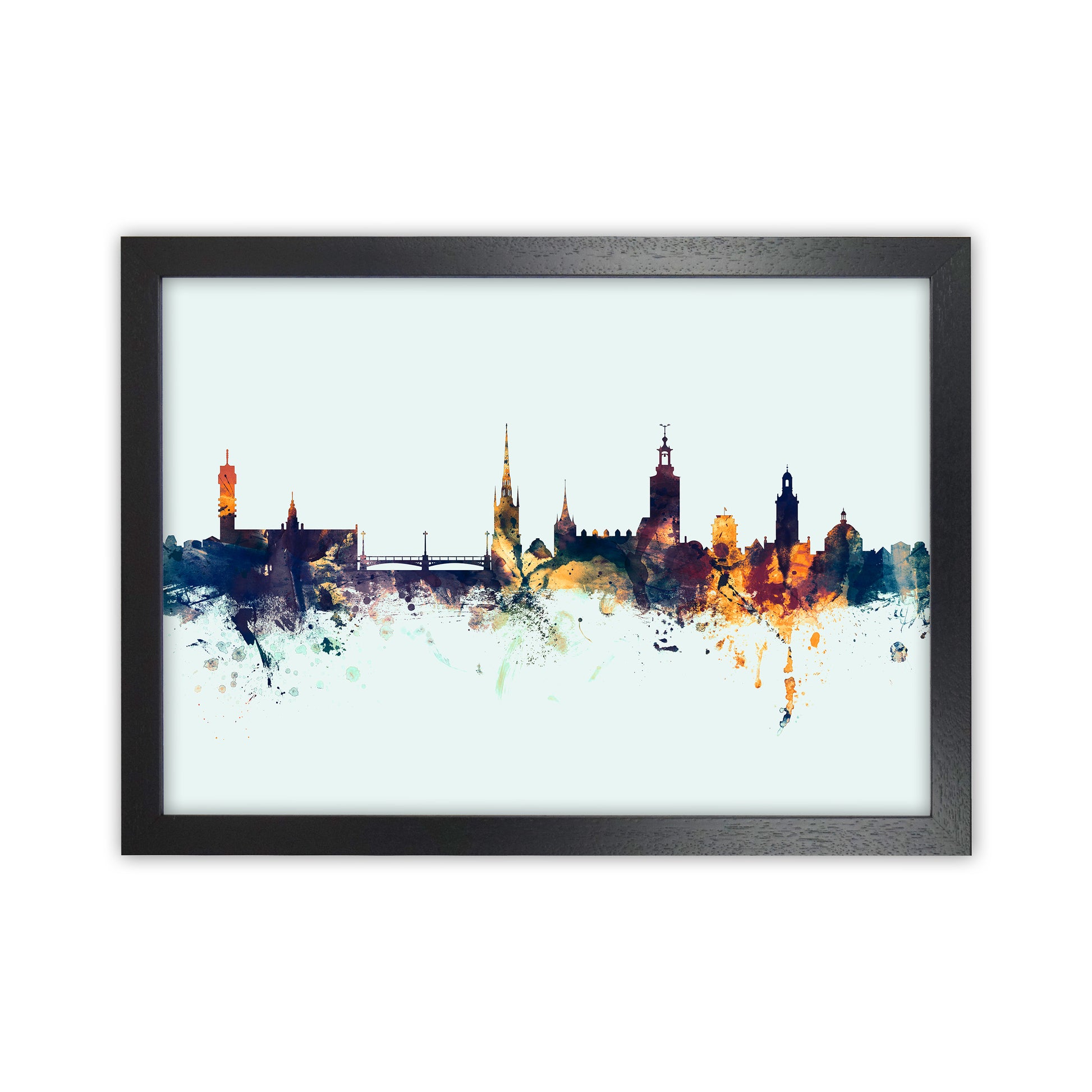 Stockholm Sweden Skyline Blue Orange Art Print by Michael Tompsett Black Grain