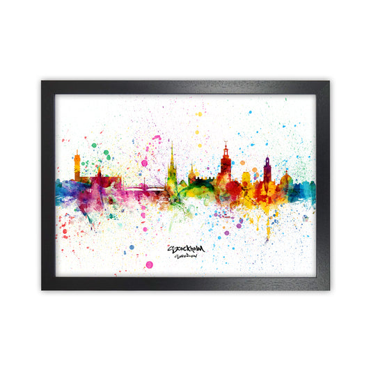 Stockholm Sweden Skyline Splash Art Print by Michael Tompsett Black Grain