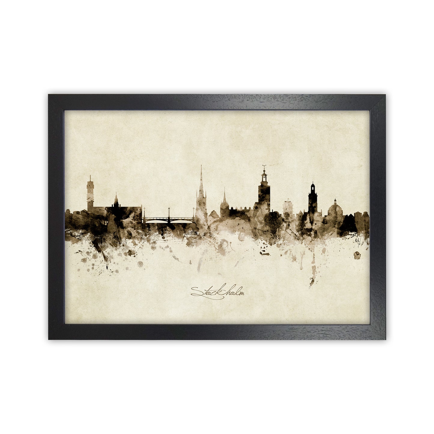 Stockholm Sweden Skyline Vintage Art Print by Michael Tompsett Black Grain
