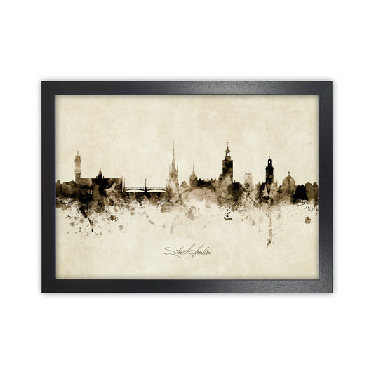 Stockholm Sweden Skyline Vintage Art Print by Michael Tompsett Black Grain