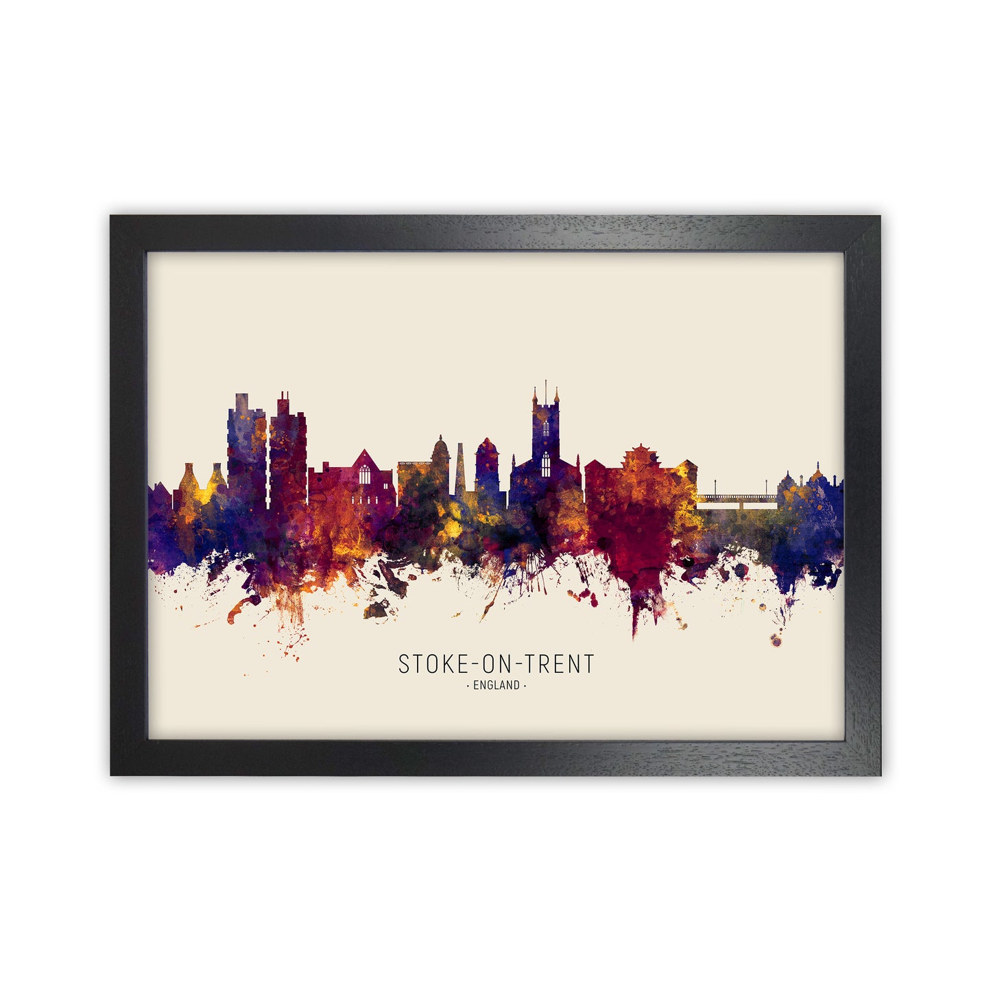 Stoke-On-Trent England Skyline Autumn City Name Art Print by Michael Tompsett Black Grain