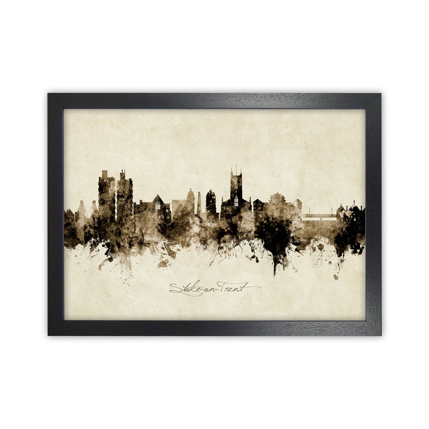 Stoke-On-Trent England Skyline Vintage Art Print by Michael Tompsett Black Grain