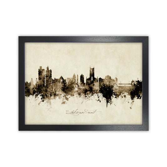 Stoke-On-Trent England Skyline Vintage Art Print by Michael Tompsett Black Grain