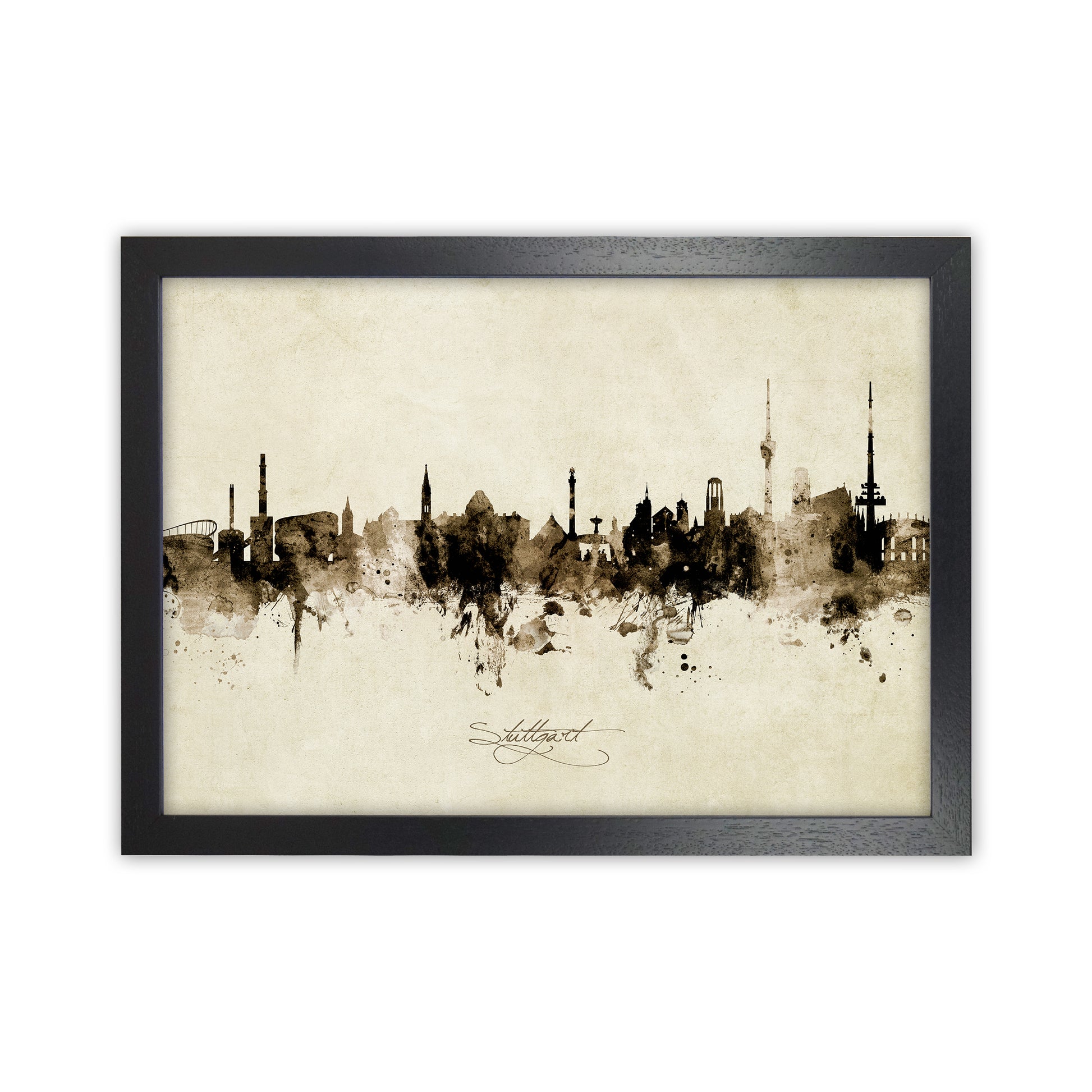 Stuttgart Deutschland Skyline Vintage Art Print by Michael Tompsett Black Grain