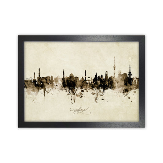 Stuttgart Deutschland Skyline Vintage Art Print by Michael Tompsett Black Grain
