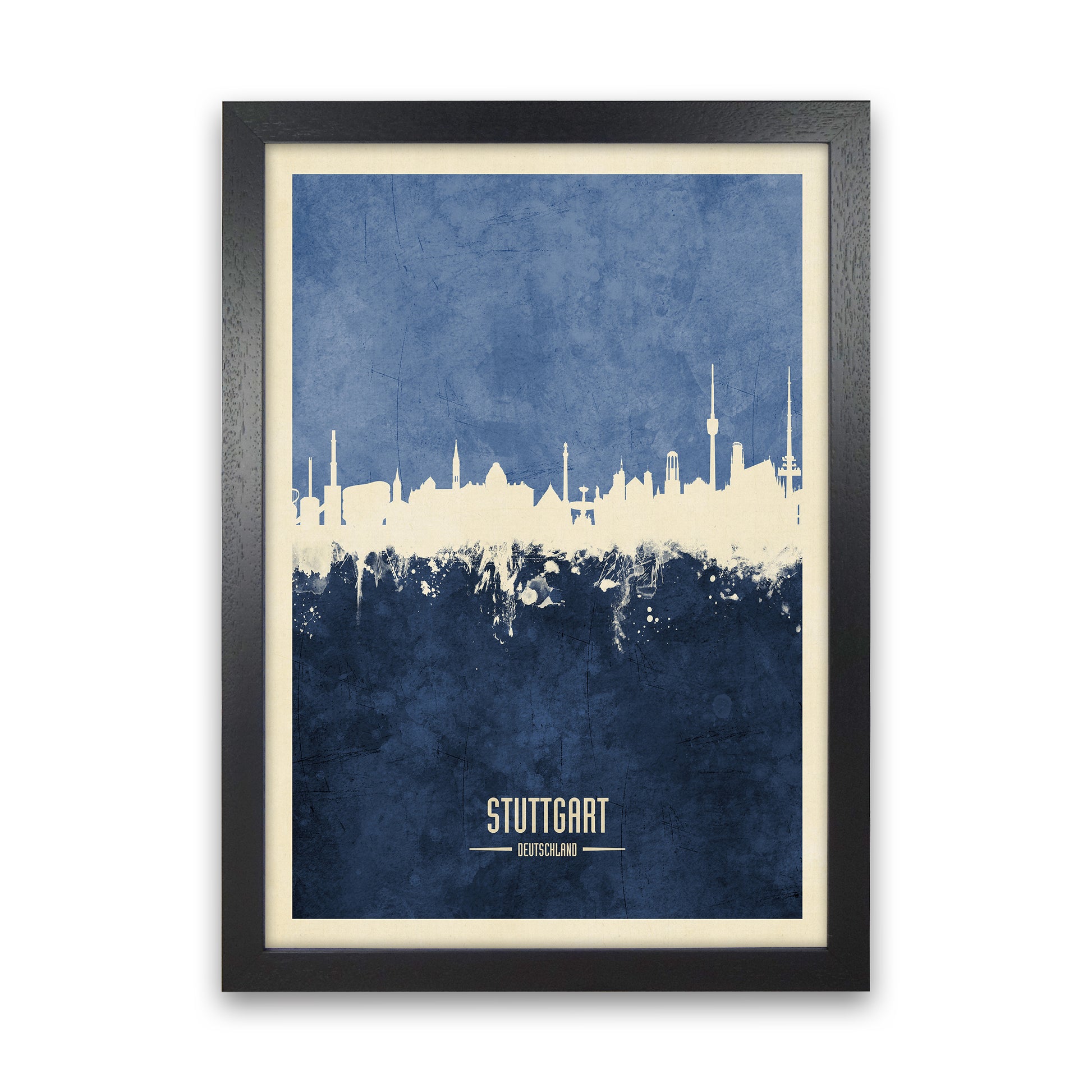 Stuttgart Germany Skyline Portrait Navy Art Print by Michael Tompsett Black Grain
