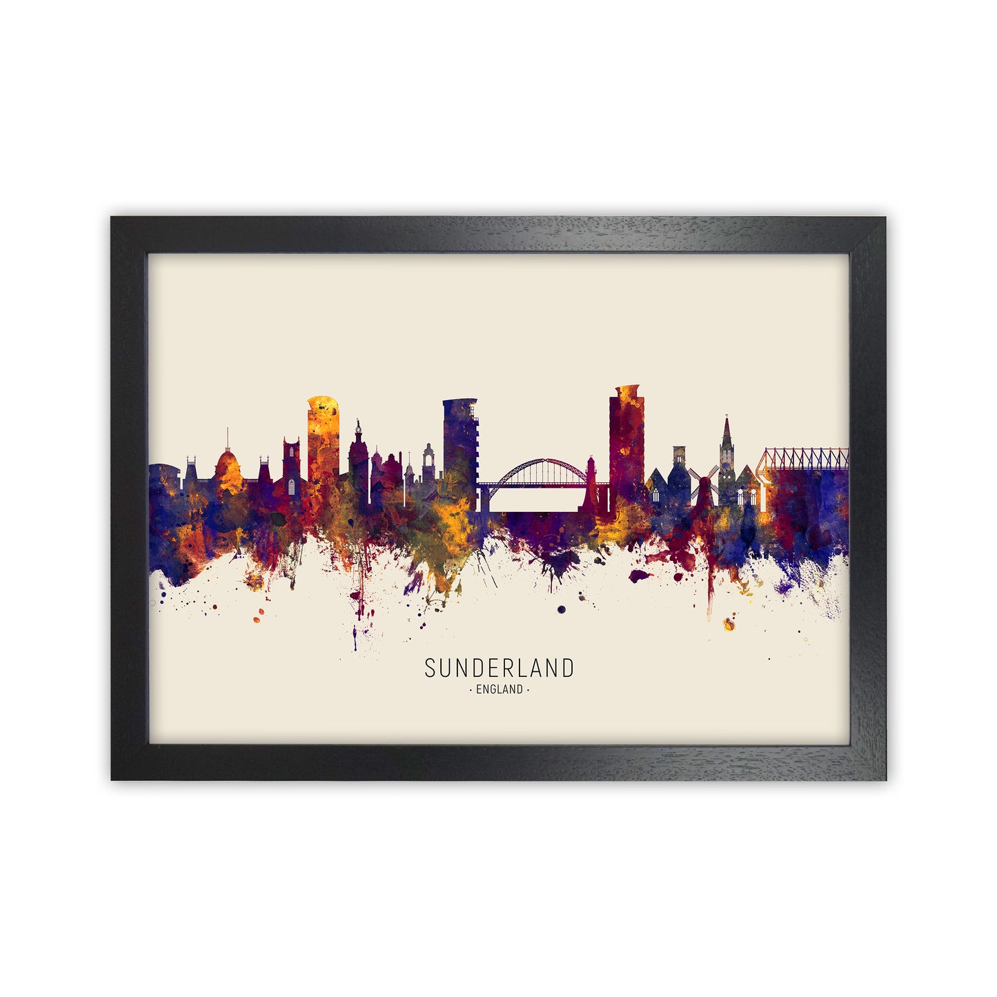 Sunderland England Skyline Autumn City Name Art Print by Michael Tompsett Black Grain