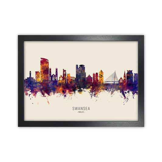 Swansea Wales Skyline Autumn City Name Art Print by Michael Tompsett Black Grain