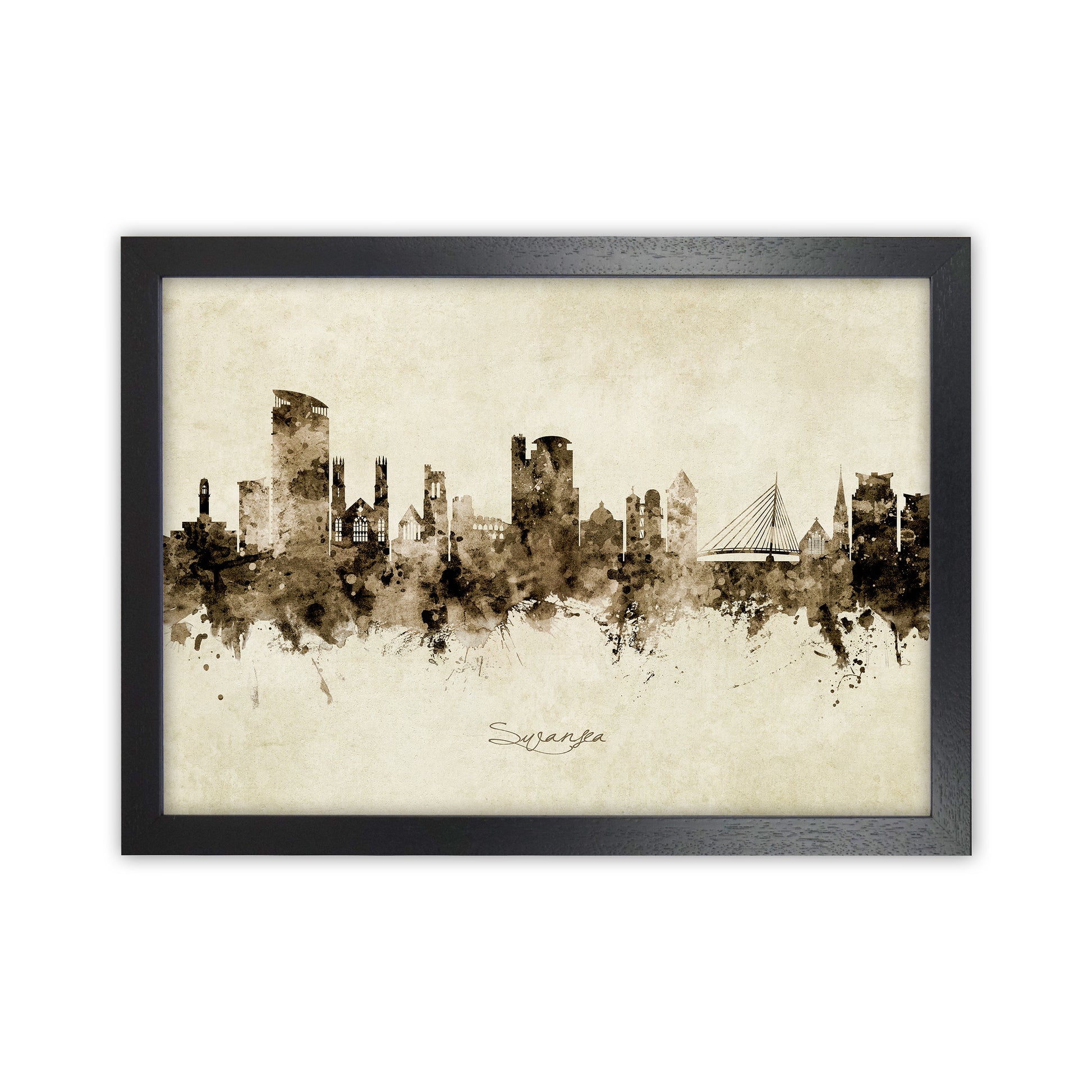Swansea Wales Skyline Vintage Art Print by Michael Tompsett Black Grain