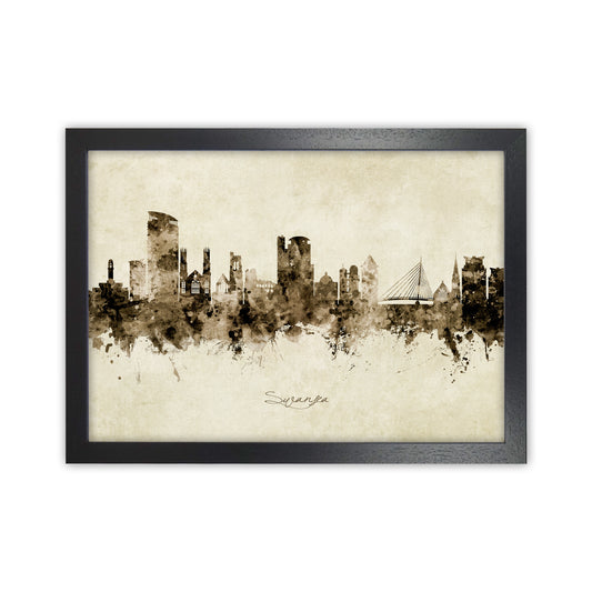 Swansea Wales Skyline Vintage Art Print by Michael Tompsett Black Grain