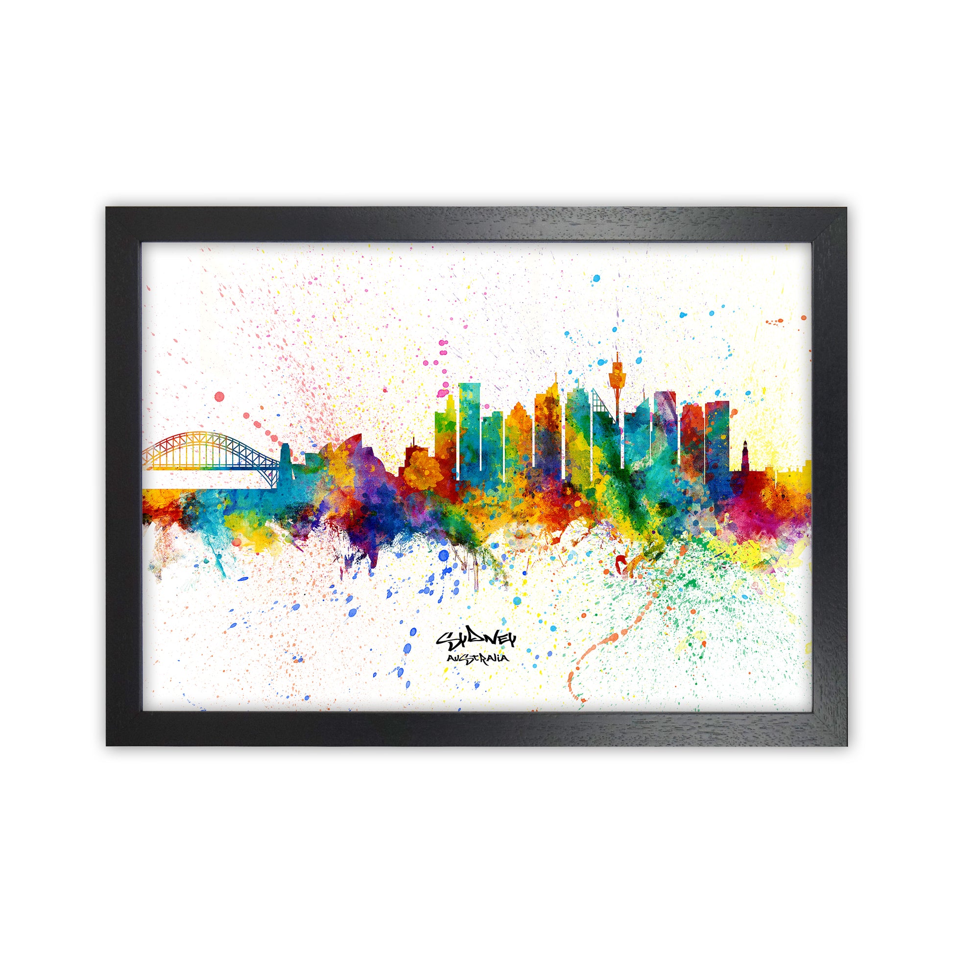 Sydney Australia Skyline Splash Art Print by Michael Tompsett Black Grain