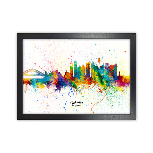 Sydney Australia Skyline Splash Art Print by Michael Tompsett Black Grain