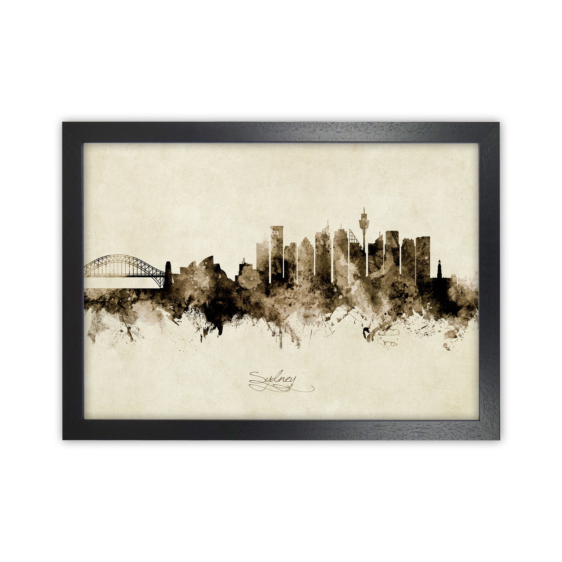 Sydney Australia Skyline Vintage Art Print by Michael Tompsett Black Grain