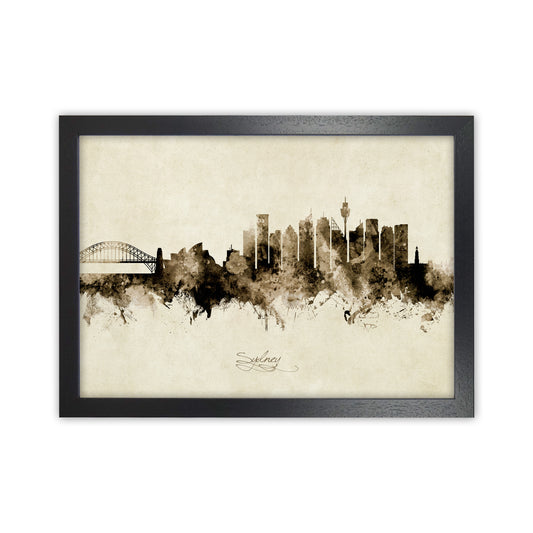 Sydney Australia Skyline Vintage Art Print by Michael Tompsett Black Grain