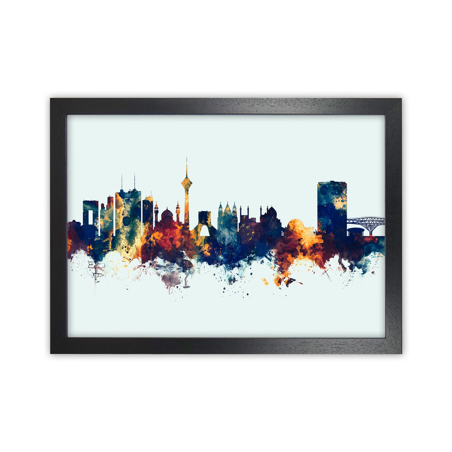 Tehran Iran Skyline Blue Orange Art Print by Michael Tompsett Black Grain
