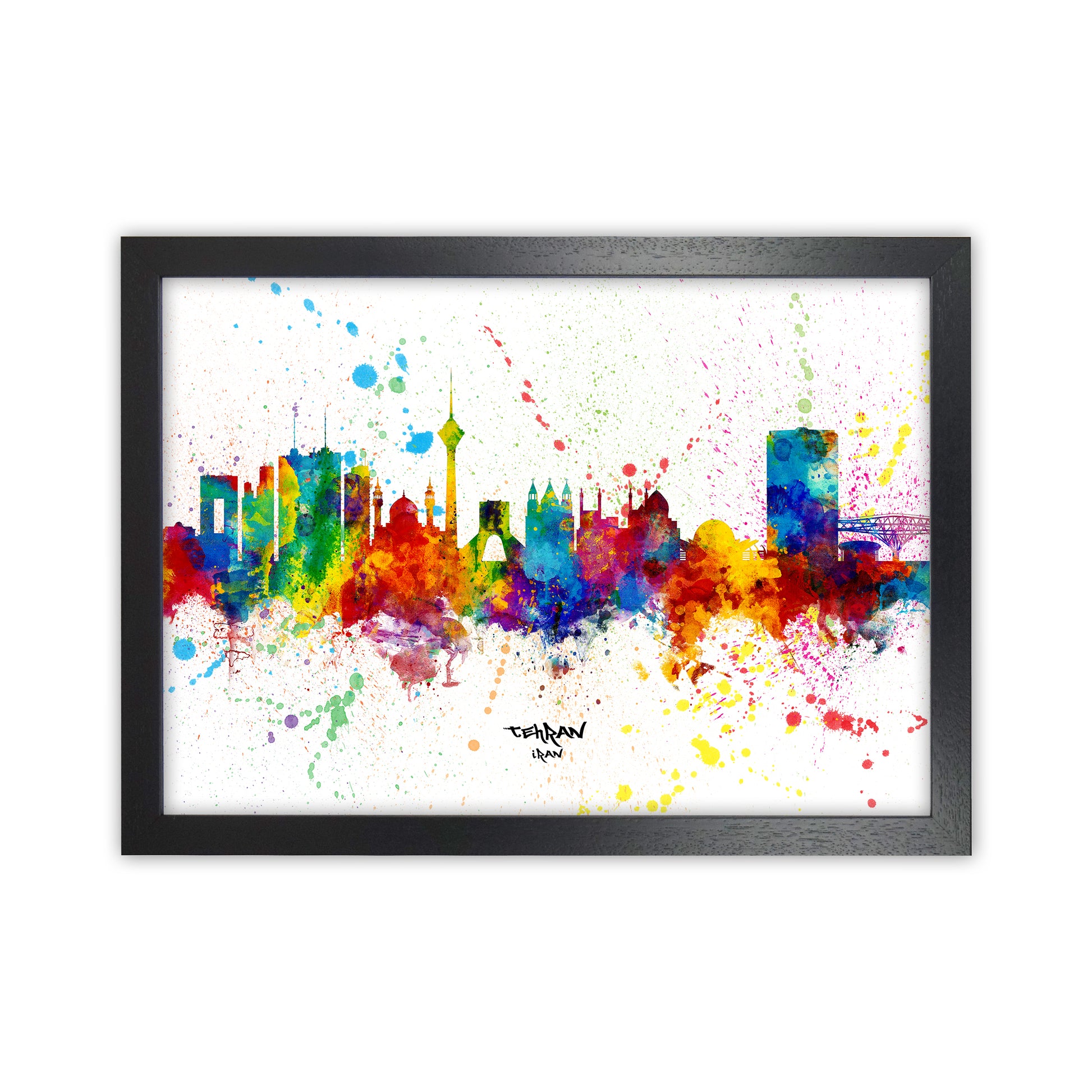 Tehran Iran Skyline Splash Art Print by Michael Tompsett Black Grain