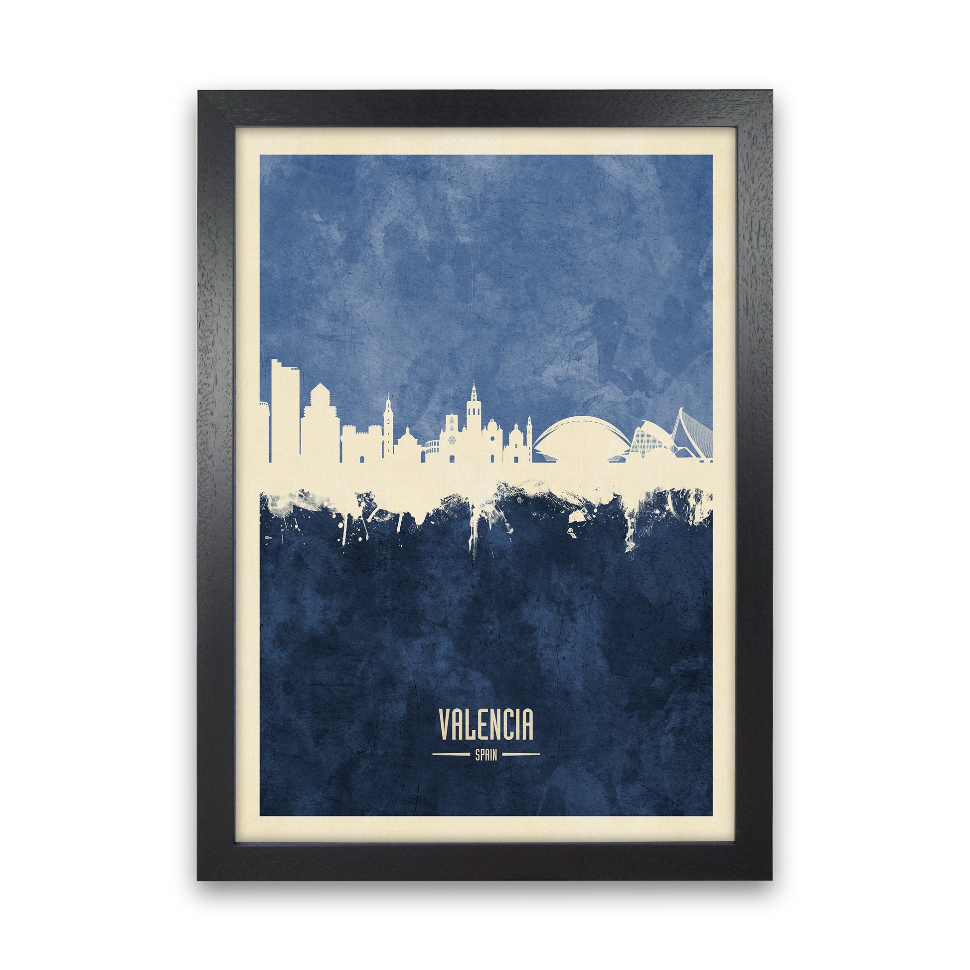 Valencia Spain Skyline Portrait Navy Art Print by Michael Tompsett Black Grain