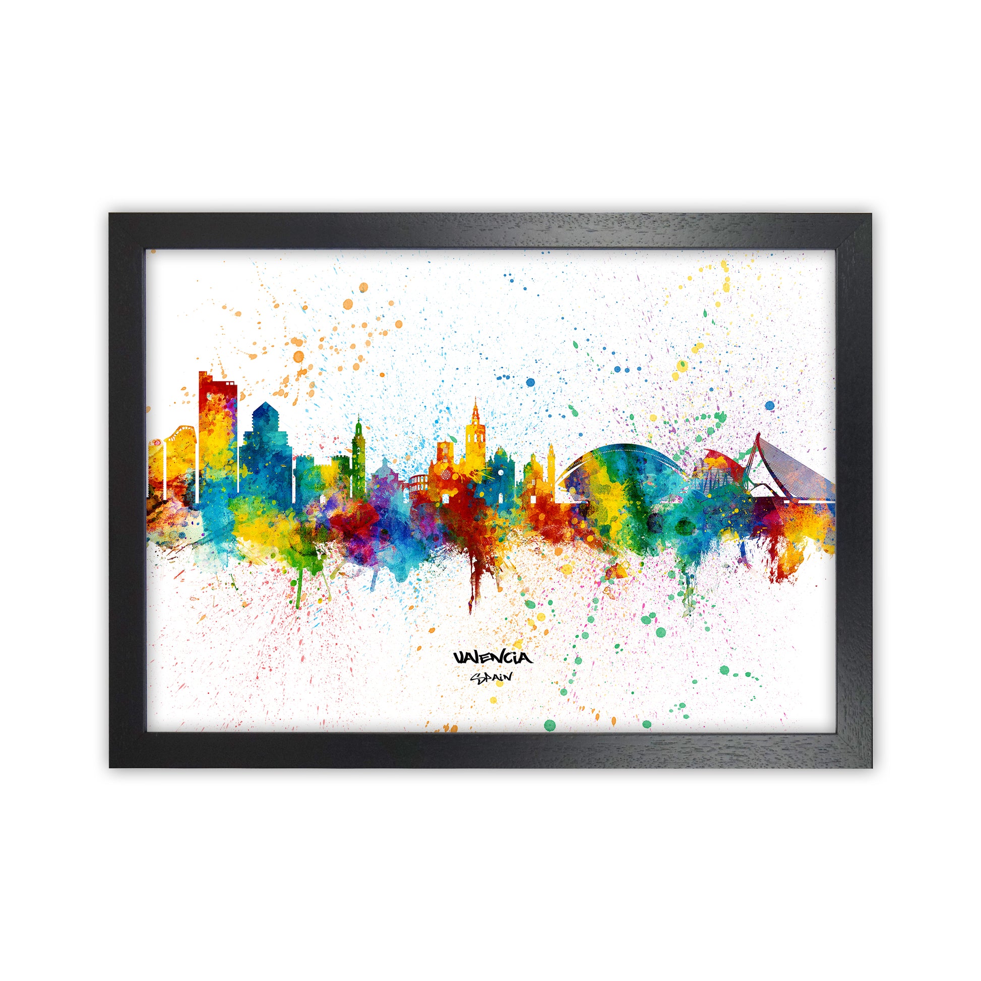 Valencia Spain Skyline Splash Art Print by Michael Tompsett Black Grain