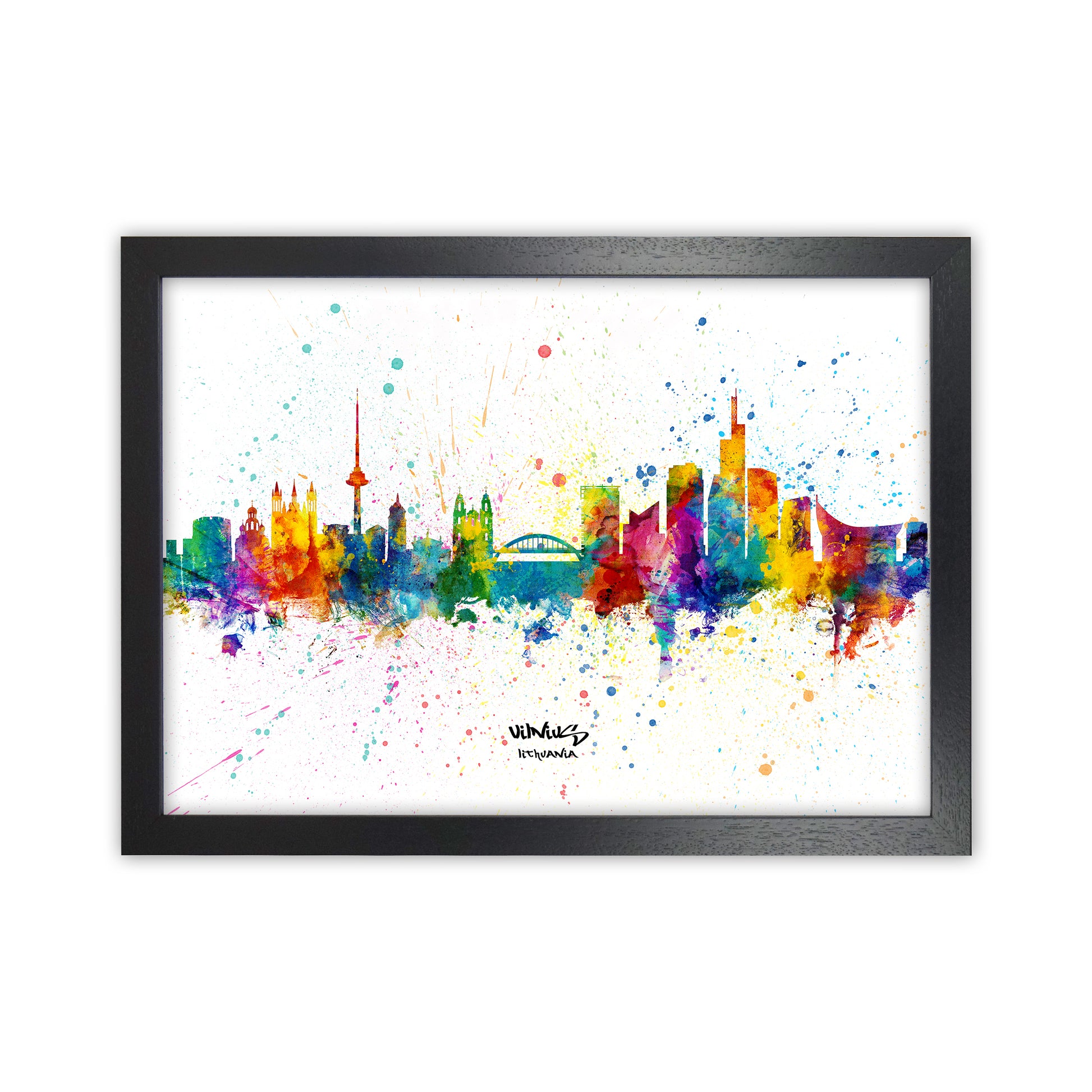 Vilnius Lithuania Skyline Splash Art Print by Michael Tompsett Black Grain